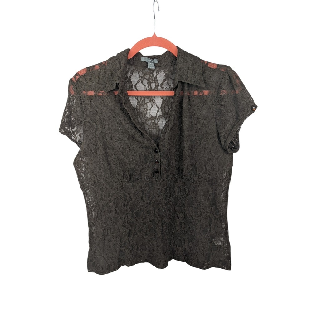 Apt 9 Womens Brown Sheer Mesh Floral Lace Y2K Short Sleeve Collared Top Large